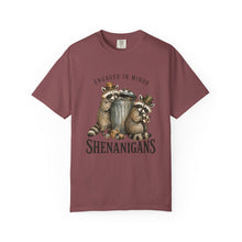 Load image into Gallery viewer, Engaged in Minor Shenanigans Comfort Colors Shirt, Funny Raccoon Graphic Tee, Sarcastic Animal Shirt
