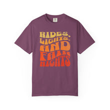 Load image into Gallery viewer, Rides Lights and Late Nights T-shirt | Retro Orange Gradient Typography
