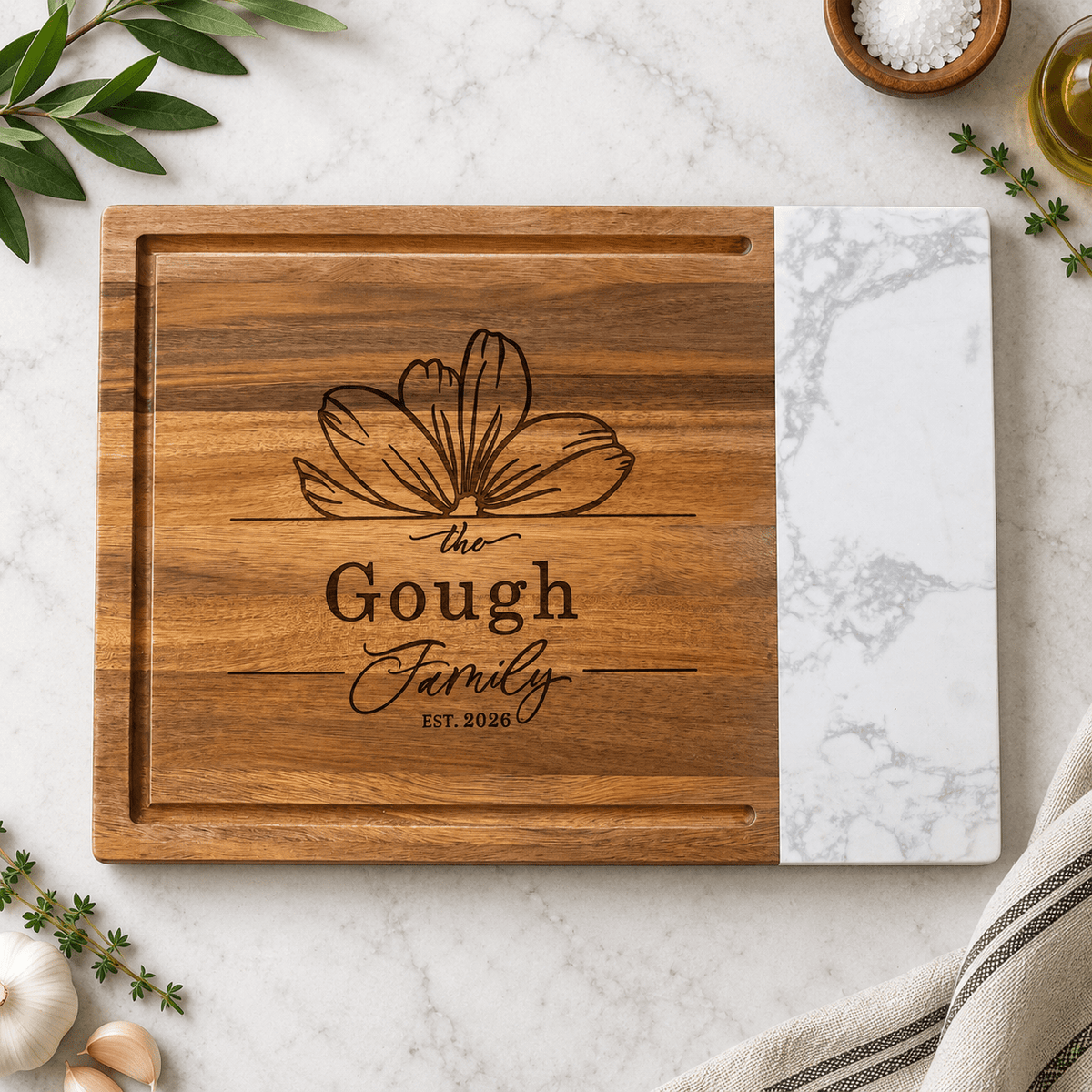 Personalized Marble & Acacia Cutting Board - Samantha Cade Collection