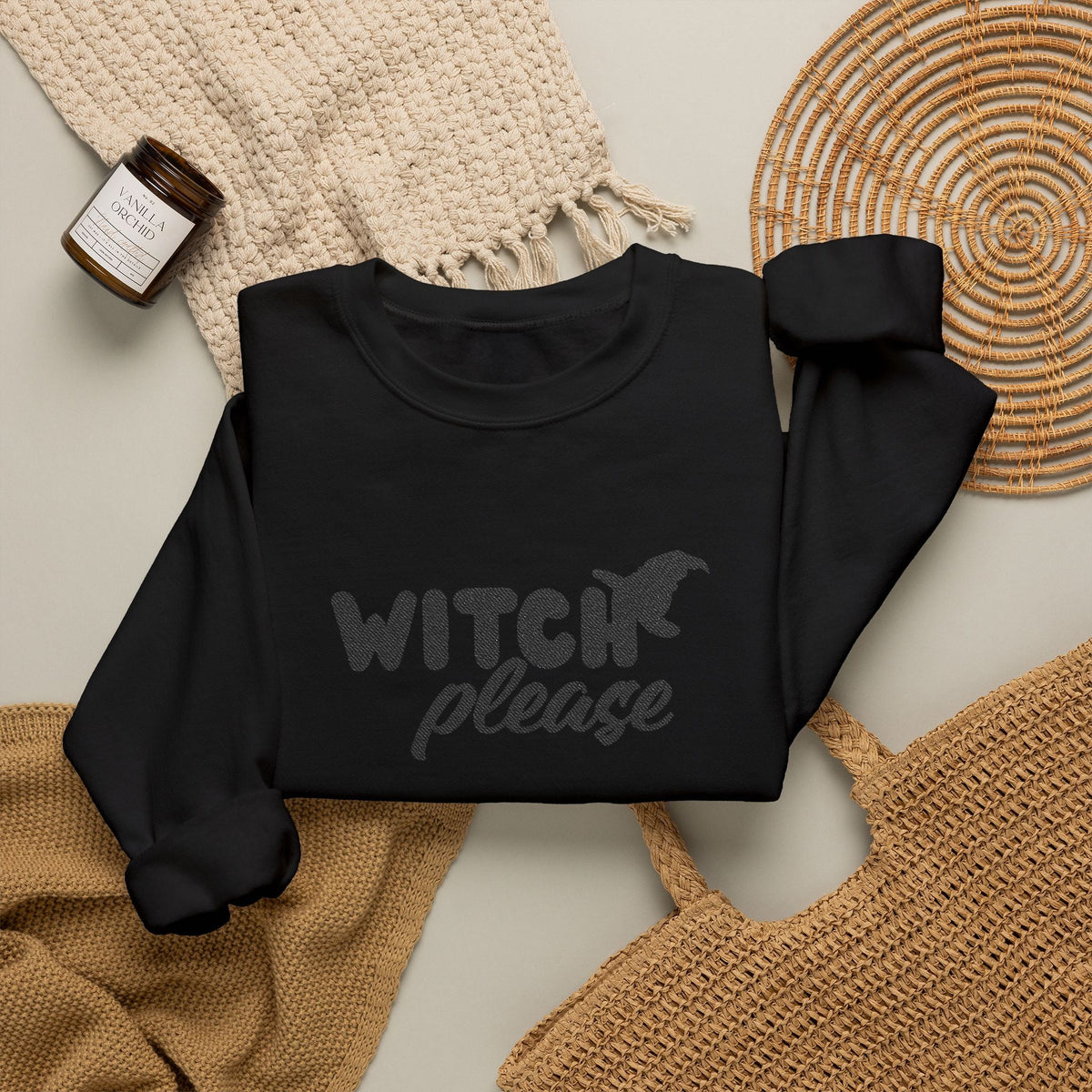 Puff Paint Witch Please Sweatshirt | Black on Black Halloween Witch Please crewneck - Samantha Cade Collection