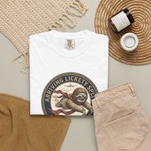Load image into Gallery viewer, Sloth 'Arriving Lickety Split' Vintage Badge T-Shirt - Samantha Cade Collection
